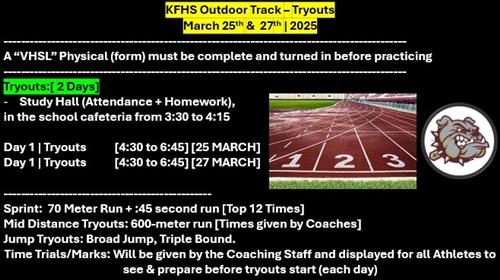 Outdoor Track Tryouts March 25th and 27th